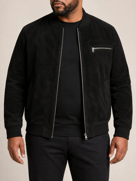 NOORA Black Suede Leather Jacket Men Bomber/Flight Size XS S M L XL Custom made — standardized 4K studio hero image