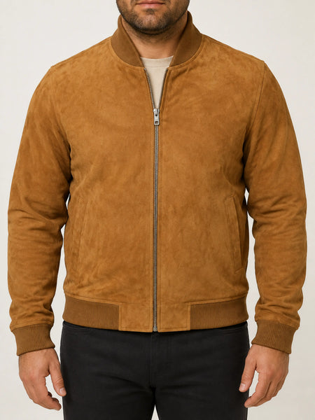 NOORA New Mens Brown Fashion Cowhide Suede Bomber Lambskin Leather Jacket WA154 — standardized 4K studio hero image