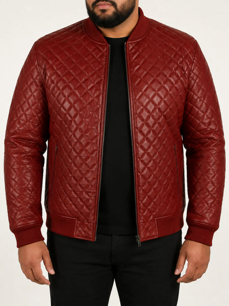 NOORA 100% Real Lambskin Leather Men's Maroon Red Quilted Leather Jacket Original Bomber Casual Styl — standardized 4K studio hero image