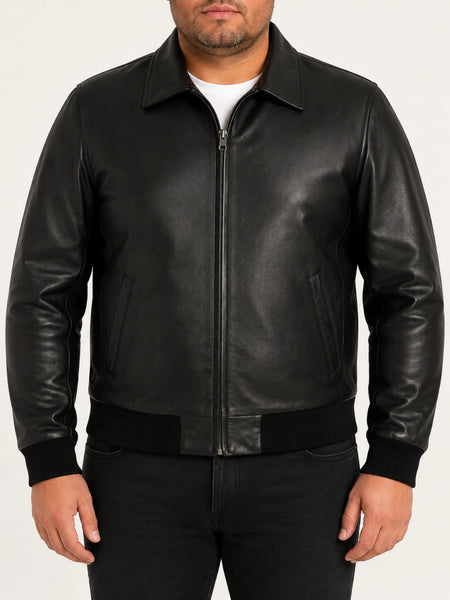NOORA Mens New Man Black Lambskin Leather Bomber Jacket Size Real Biker style S5 — standardized 4K studio hero image
