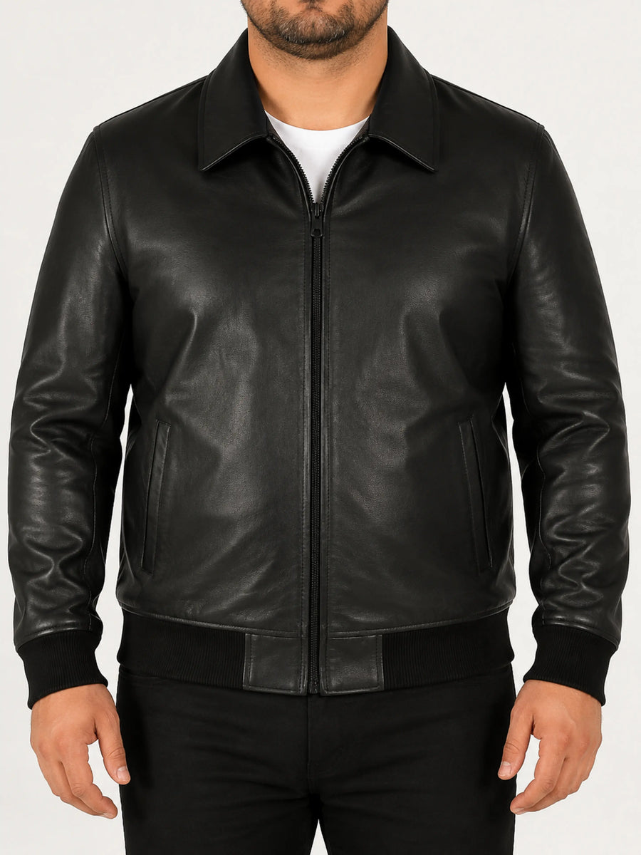 Mens Black Bomber Leather Jacket With Branded YKK Zipper, Black Biker Rider Bomber Leather Jacket