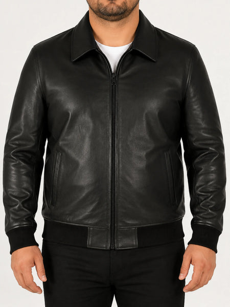 Noora Mens Black Bomber Leather Jacket With Branded YKK Zipper |  Black Biker Rider Bomber Leather Jacket SU0118 — standardized 4K studio hero image