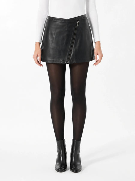 Black asymmetric zipper skirt on model