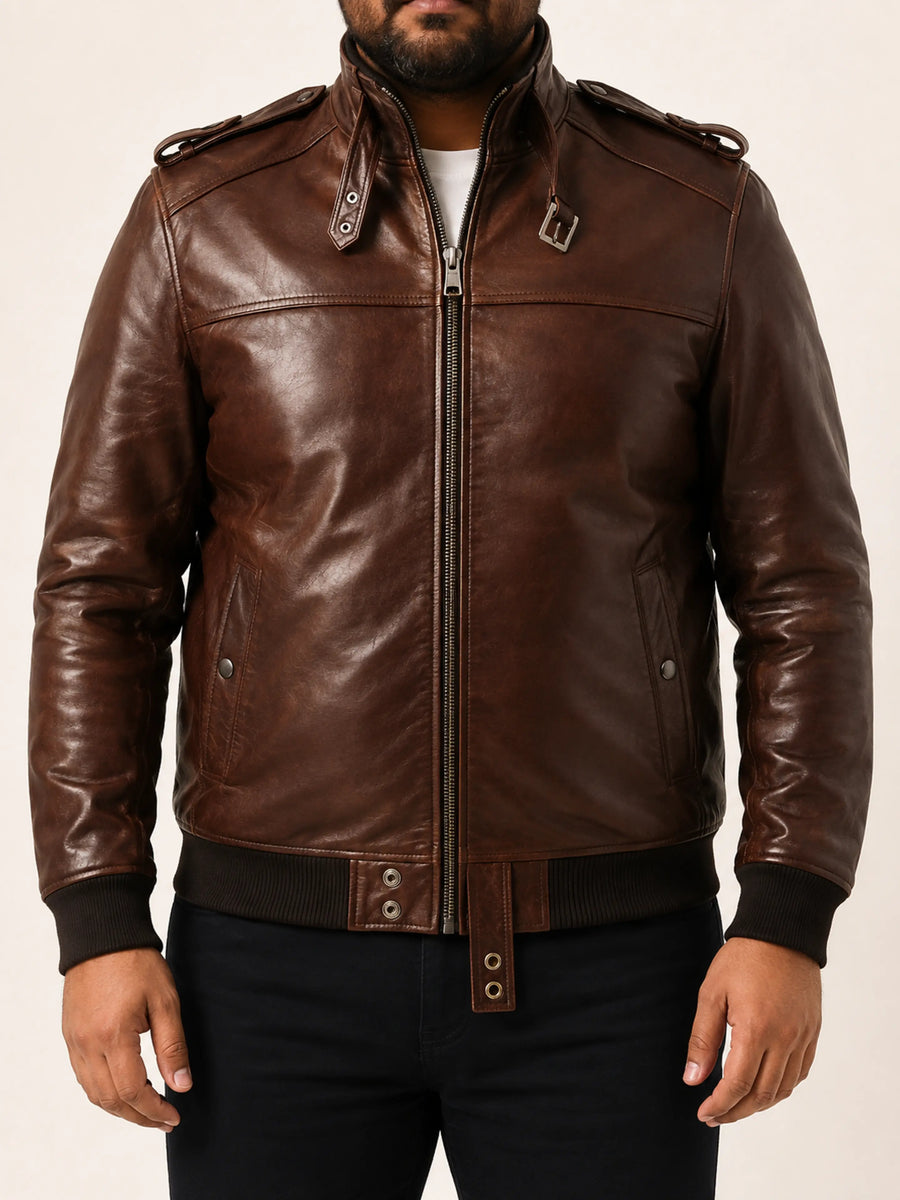 Mens Dark Brown Bomber Leather Jacket With Shoulder Strap, Western Style Bomber Leather Jacket