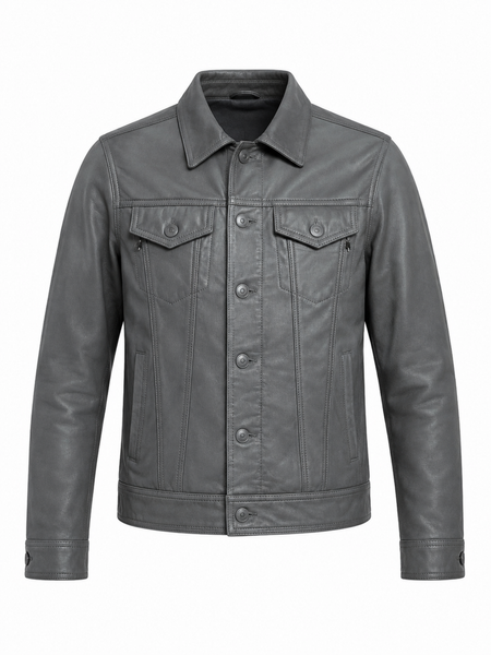 Gray lambskin leather shirt jacket