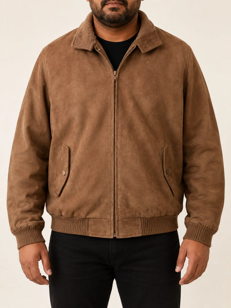 NOORA Mens Suede Leather Bomber Jacket | Brown Suede Bomber Jacket With Branded YKK Zipper Closure | Biker Bomber Jacket SU0231 — standardized 4K studio hero image