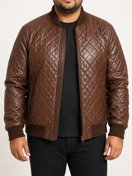 NOORA Mens Biker Motorcycle Brown Leather Jacket High quality Quilted Bomber Biker SU0432 — standardized 4K studio hero image