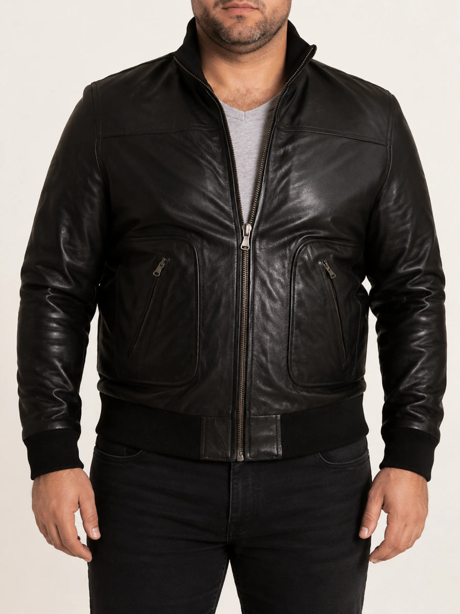 Men's Lambskin Leather Black Bomber Jacket With Zipper, Cafe Racer Riding, Slim Fit, Stand Up
