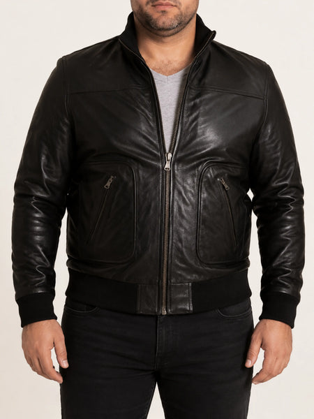 NOORA Men's  Lambskin Leather Black Bomber Jacket With Zipper,Cafe Racer Riding ,Slim Fit | Stand Up Collar | rt125 — standardized 4K studio hero image