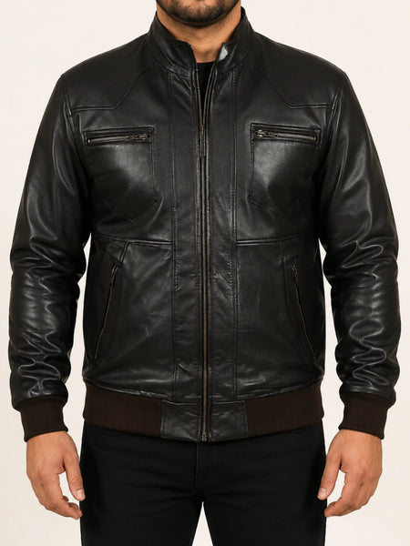 Noora Men's Lambskin Leather Black Bomber Jacket With Zipper & Pocket | Black Western style leather Jacket SU037 — standardized 4K studio hero image