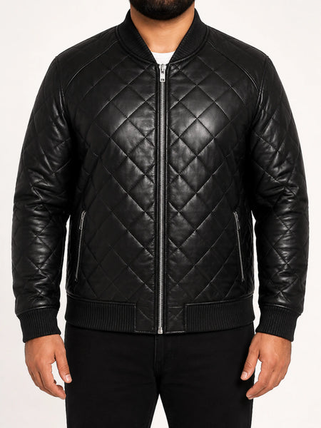 Noora Men’s black leather bomber jacket With Zipper & Pocket | Quilted Bomber Jacket | — standardized 4K studio hero image