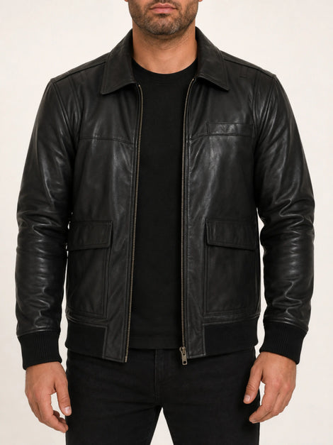 Noora Men's Black Lambskin Leather Bomber Biker Jacket With Standard Collar & Zipper Designer Handmade Black Leather Jacket SU036 — standardized 4K studio hero image