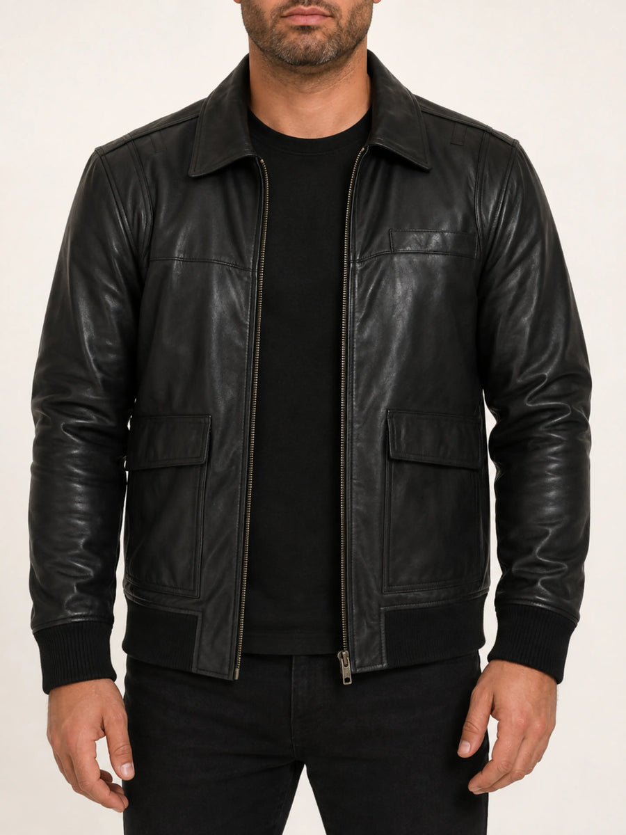 Men's Black Lambskin Leather Bomber Biker Jacket With Standard Collar & Zipper Designer Black