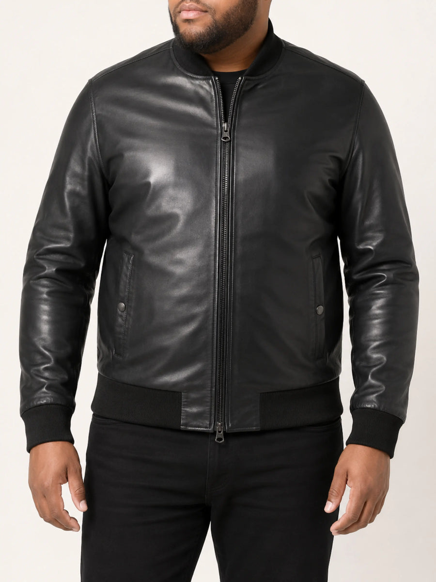 Men's Real Lambskin Black Leather Bomber Jacket, Real Biker Leather Outwear Black