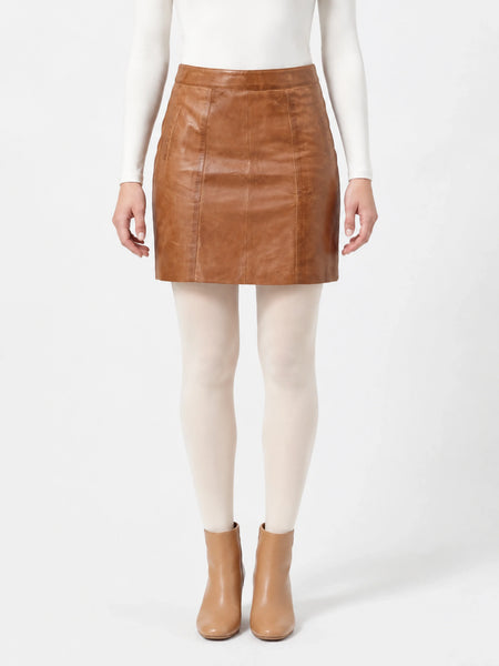 Tan panelled leather mini skirt model