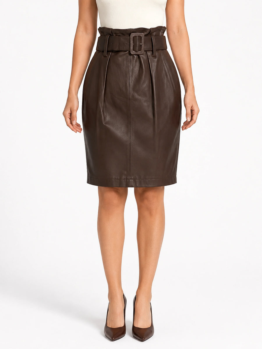 Women Natural Lambskin Leather Knee length Brown Skirt Women Formal Wear