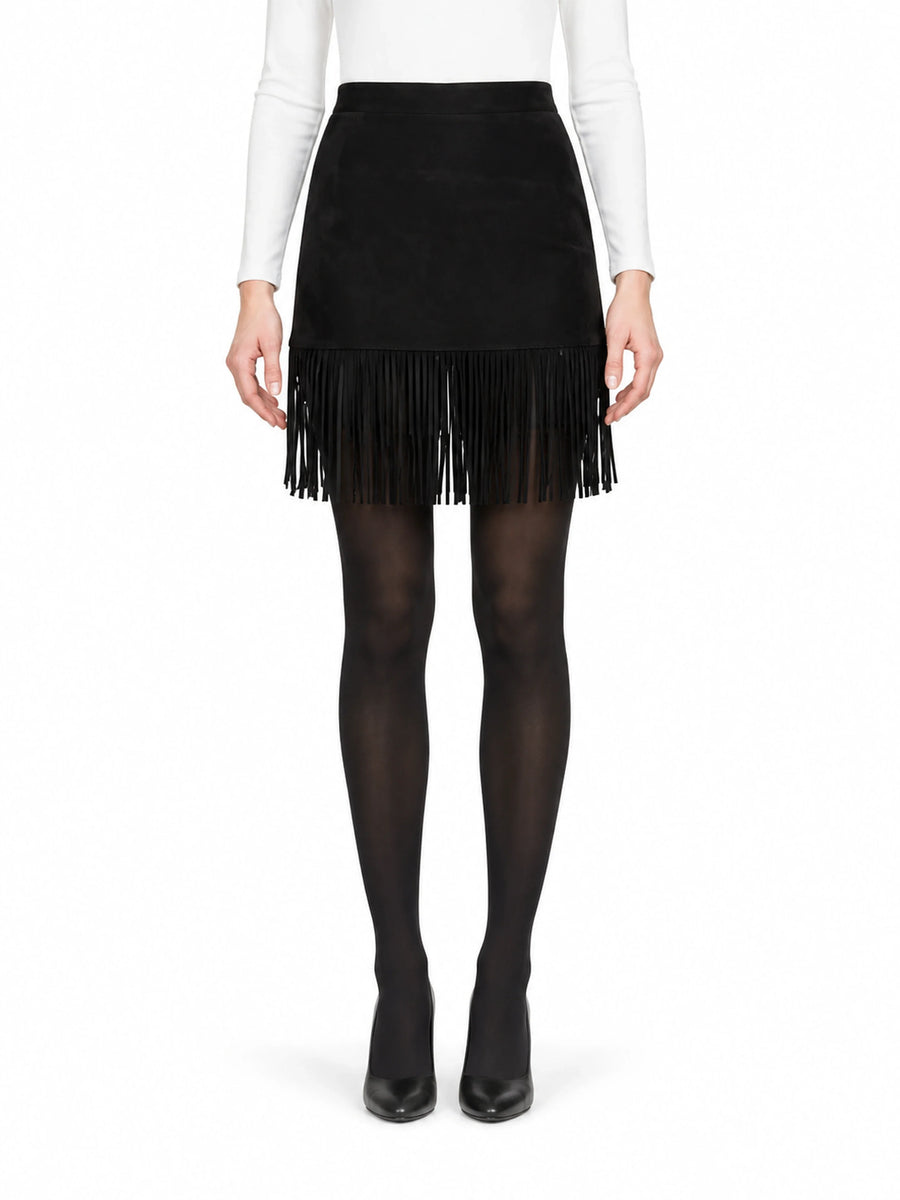Ladies Black Leather Skirt Celebrity Runway Real Lambskin Suede Leather Tiered Layer Fringe Tassel