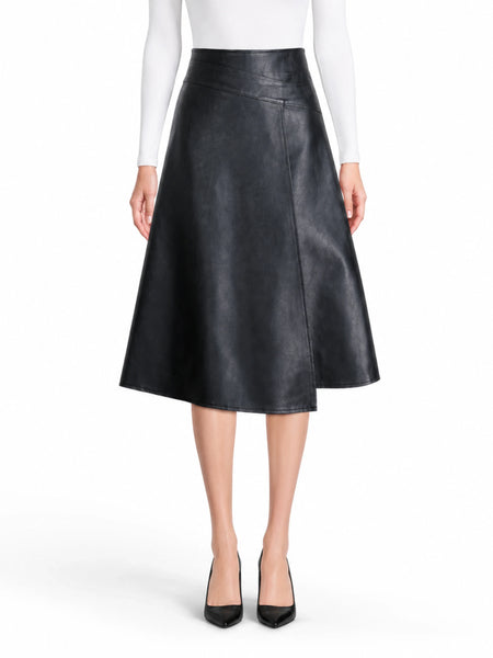 Black A-line leather midi skirt model