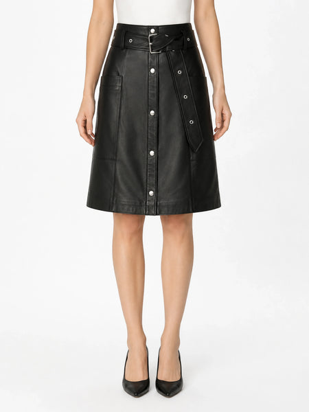 Black button-front leather midi skirt model