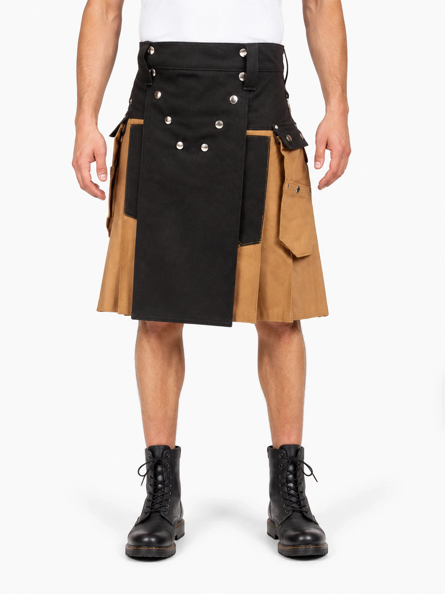 Black & Biege Leather Pleated straps kilt, unisex adult stylish kilt, Modern Design kilt tactical