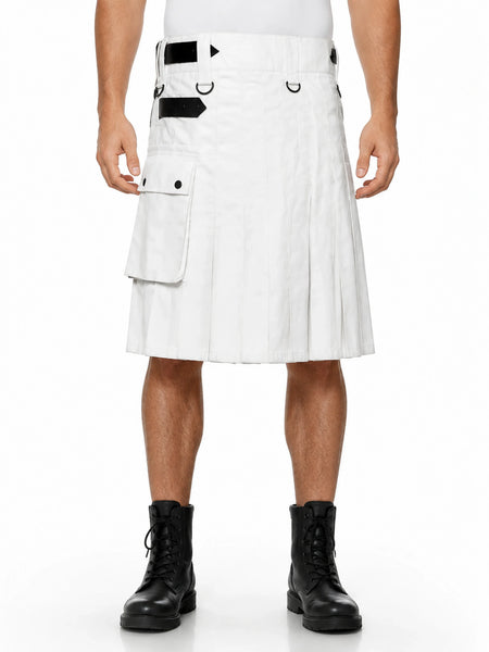 White leather utility kilt on model