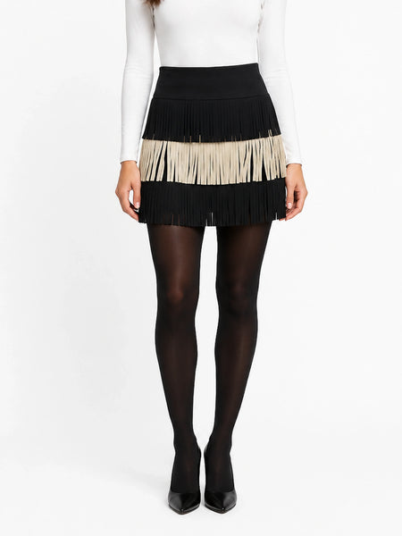 Black ivory fringe mini skirt model