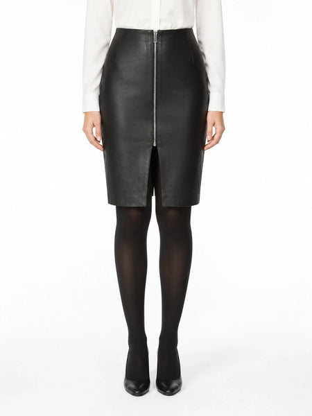 Black front-zip pencil skirt on model