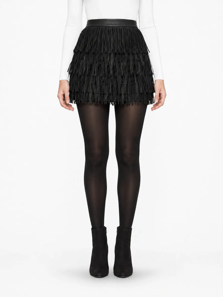 Black tiered fringe skirt on model