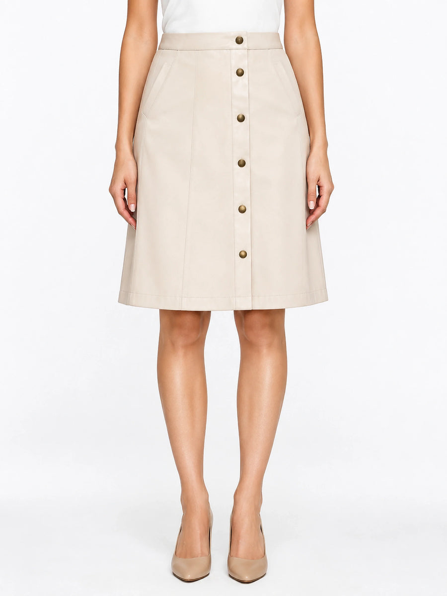 Vintage leather skirt high waist leather beige taupe flare with pockets retro medium Lambskin Real