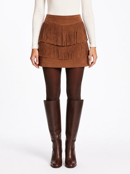 Women Suede Leather Mini Skirt, Brown Riley Fringed Cowgirl Mini Skirt, Short Skirt