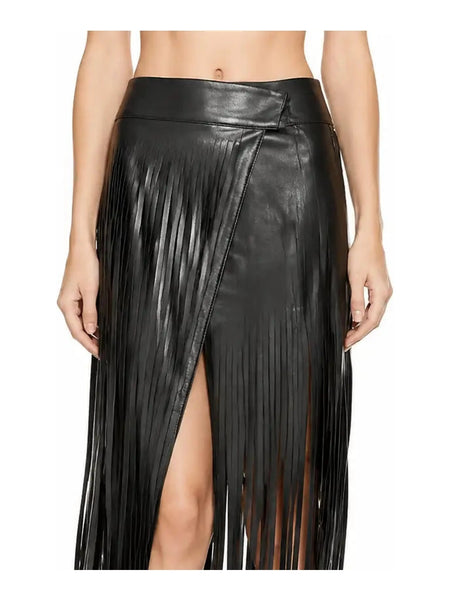 NOORA Handmade Women Slim Leather Fringe Skirts Belt Gypsy Style Black WA18 — skirt-focused 2880 × 3840 studio hero — Noora International