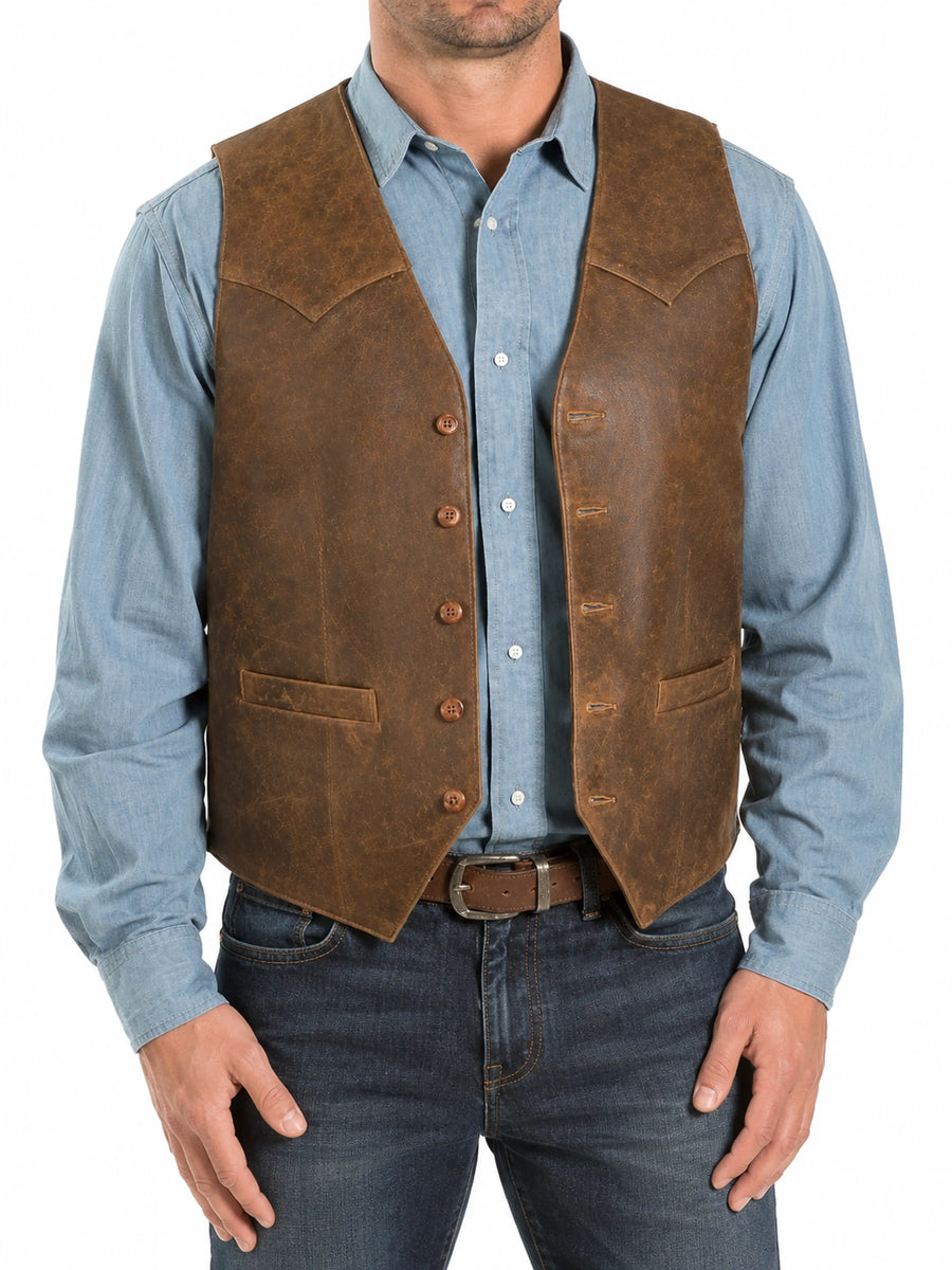 Mens Antique Brown Leather Vest Coat With Button Closure, Designer Leather Vest Coat, Rider Leather