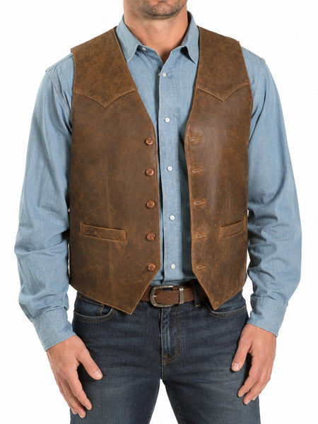 Mens Antique Brown Leather Vest Coat With Button Closure, Designer Leather Vest Coat, Rider Leather