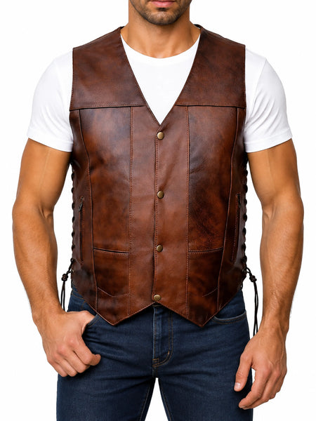 Mens Antique Brown Lambskin Leather Vest Coat, Brown Side Braided Leather Vest Coat, Designer Racer