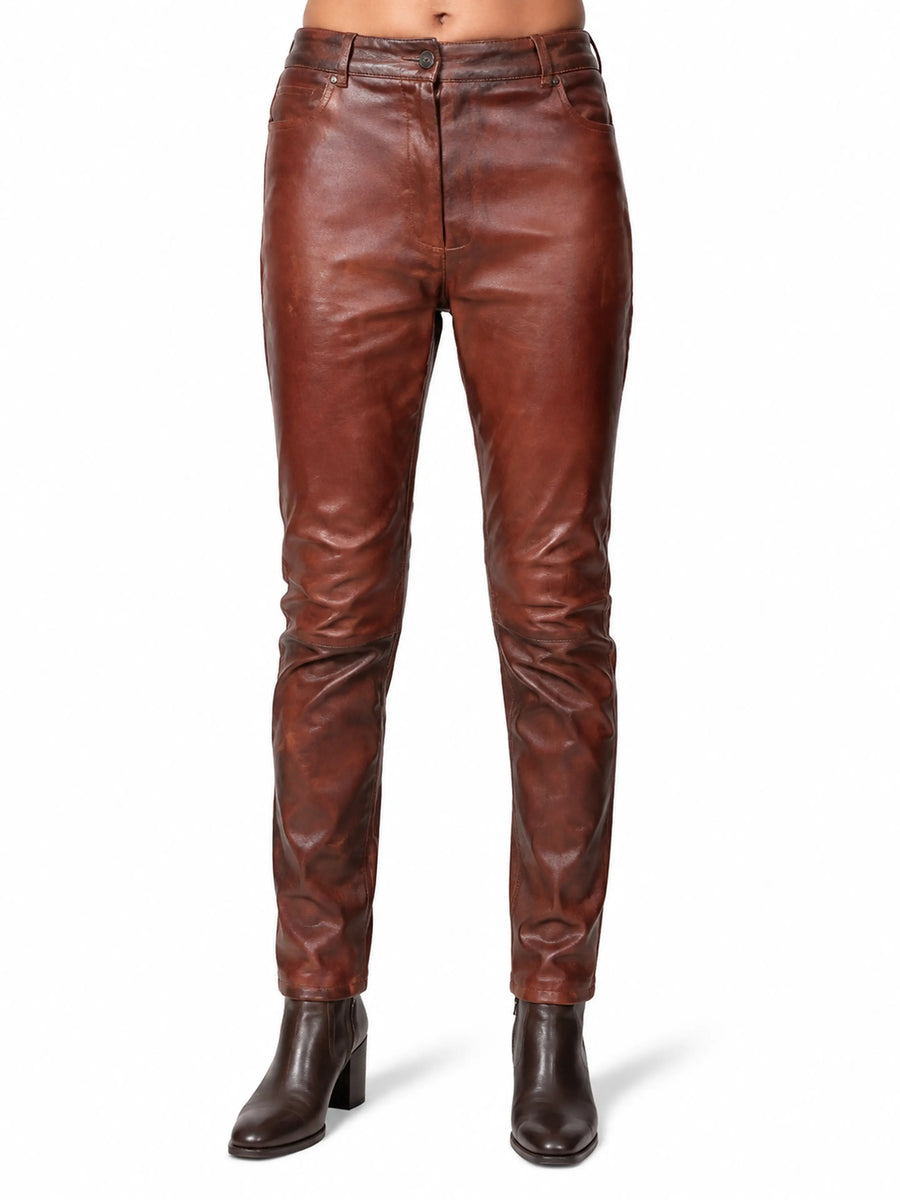 Real Women's Lambskin Leather Antique Wine Brown Biker skinny Fit Pant