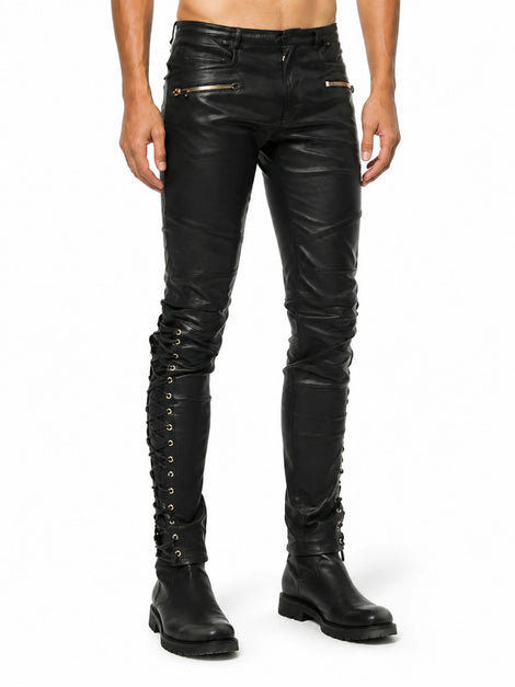 Men's Real Leather Laces Up Bikers Pants Laces Up Pants leather pants Black Leather Pants