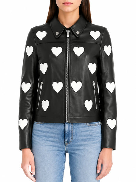 Womens Black & White Lambskin Leather Jacket, White Heart Style Jacket, Color Block Jacket
