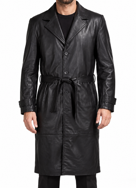 Men's black lambskin belted trench coat