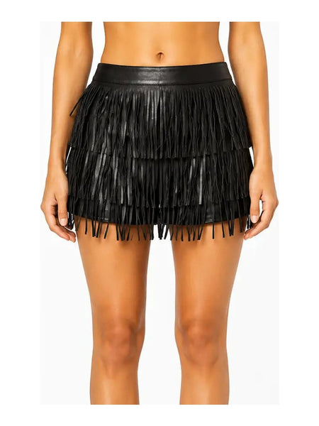 Noora Womens Lady High Waist Leather Fringe Tassel Evening Party Mini Skirt SK-6 — skirt-focused 2880 × 3840 studio hero — Noora International