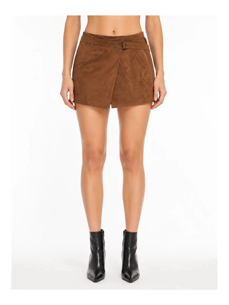 NOORA Leather Sexy Mini High Waist Suede Leather Skirt BROWN A-Line SJ145 — skirt-focused 2880 × 3840 studio hero — Noora International