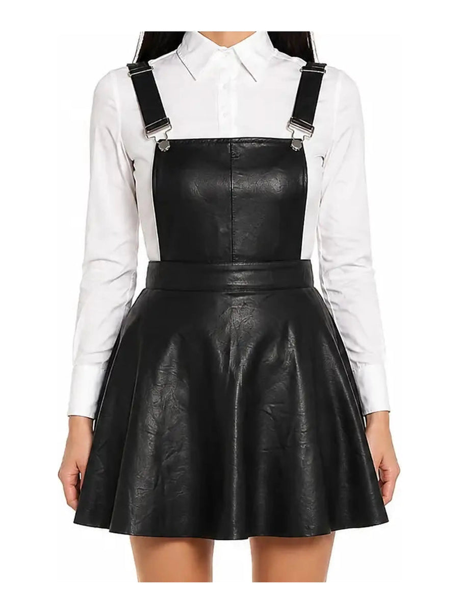 Women Skirt Lambskin Leather Black Dress Overall Strap Suspenders