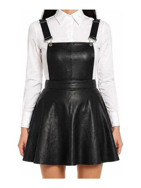 NOORA WOMEN Skirt 100% LAMBSKIN Leather Black Dress Overall Strap Suspenders SP5 — skirt-focused 2880 × 3840 studio hero — Noora International