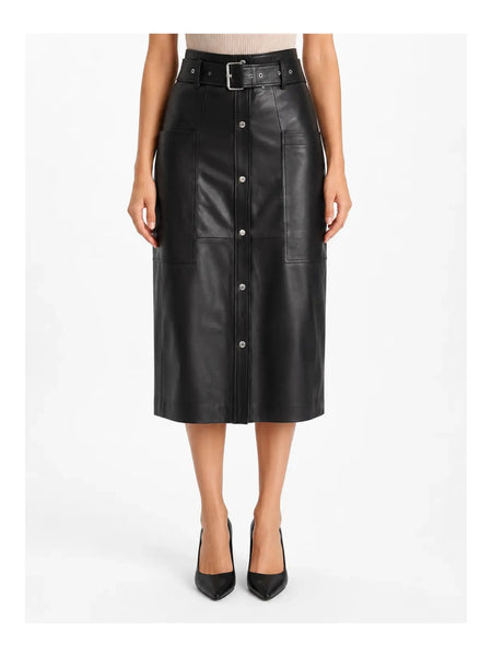 NOORA Women Lambskin Leather long Black Skirt Outfit Leather Skirt Modern QD479 — skirt-focused 2880 × 3840 studio hero — Noora International