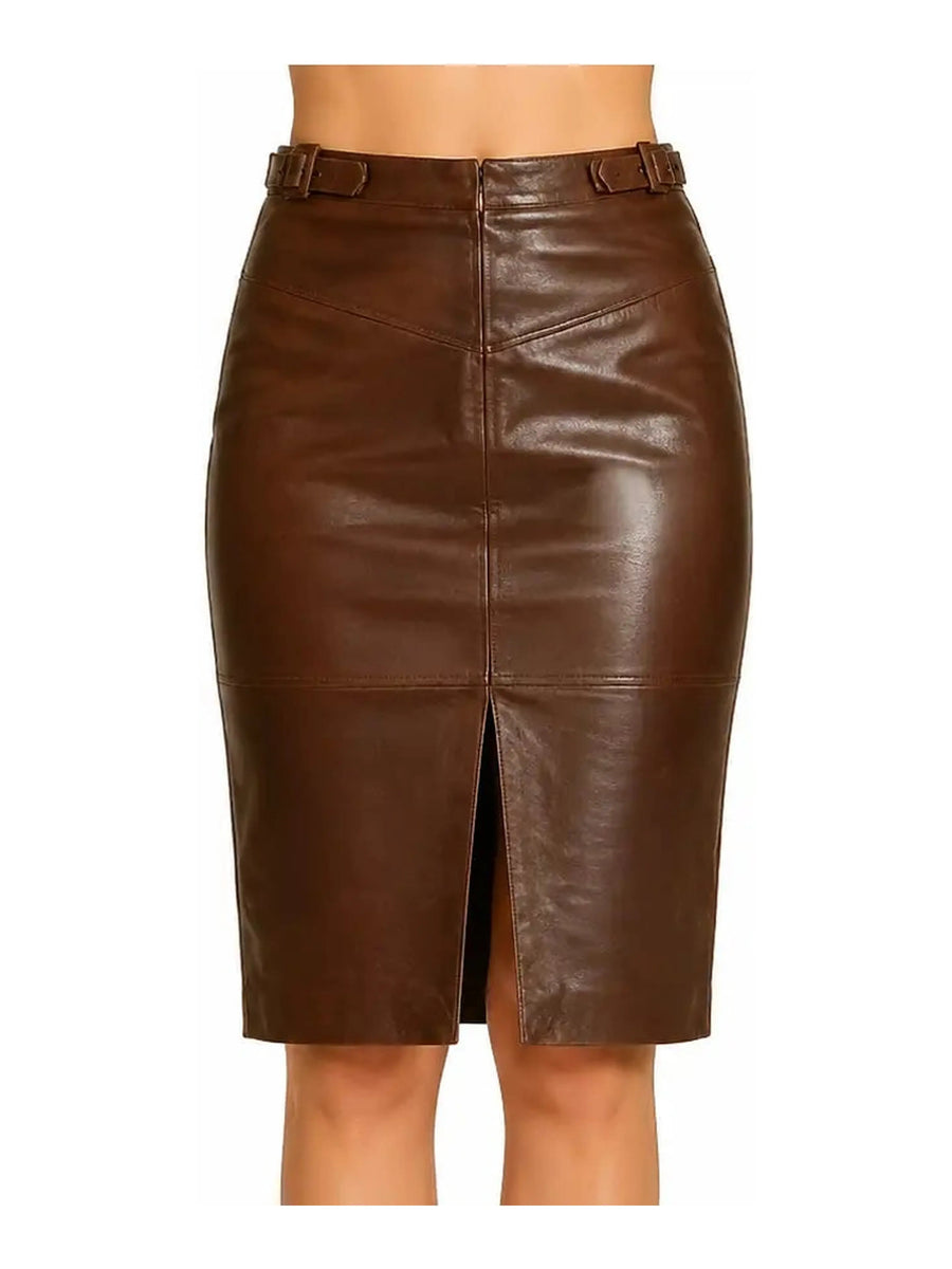 Brown Leather Skirt Soft Career Fully Size Knee Length Customized