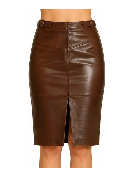 NOORA BROWN LEATHER SKIRT SOFT CAREER FULLY SIZE KNEE LENGTH Customized IN1 — skirt-focused 2880 × 3840 studio hero — Noora International