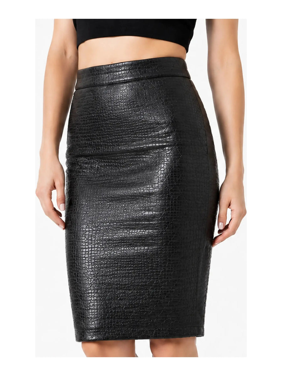 Women's Black Perforated Lambskin Leather High-Waist Skirt QD