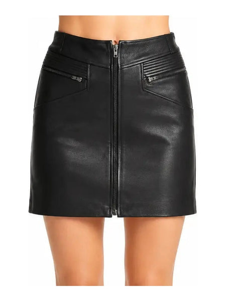 NOORA New Womens Black Lambskin Fridge Leather High-Waist Moto Mini Skirt WA505 — skirt-focused 2880 × 3840 studio hero — Noora International
