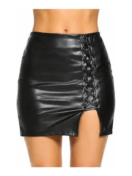 Noora Women High Waist Short Skirt Bodycon Lace Up Black Leather Mini SkirtSK-19 — skirt-focused 2880 × 3840 studio hero — Noora International