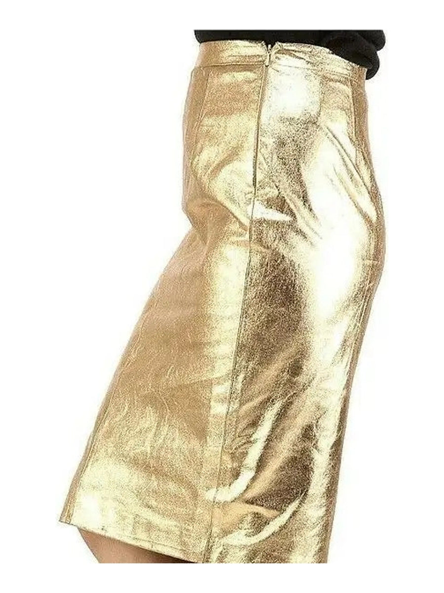 Women Leather Skirt real Lambskin Soft Leather Gold Knee Skirt QD