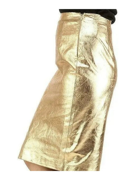 NOORA Women Leather Skirt Genuine Real Lambskin Soft Leather Gold Knee Skirt QD — skirt-focused 2880 × 3840 studio hero — Noora International